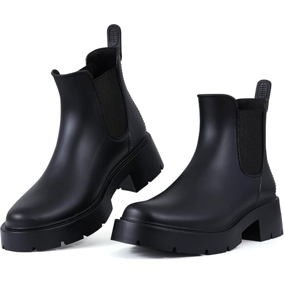 Women's Platform Black Waterproof Chelsea Double Elastic Ankle Rain Boots - Picture 7 of 7